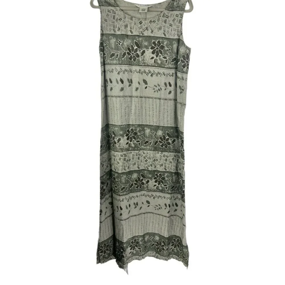 VTG 90s Uniform John Paul Richard Womens Dress Sz M Linen Green Maxi Floral Y2K